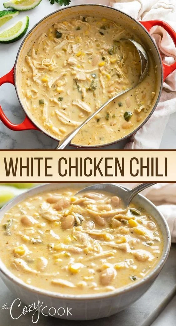 Delicious bowl of homemade white chicken chili topped with fresh herbs.