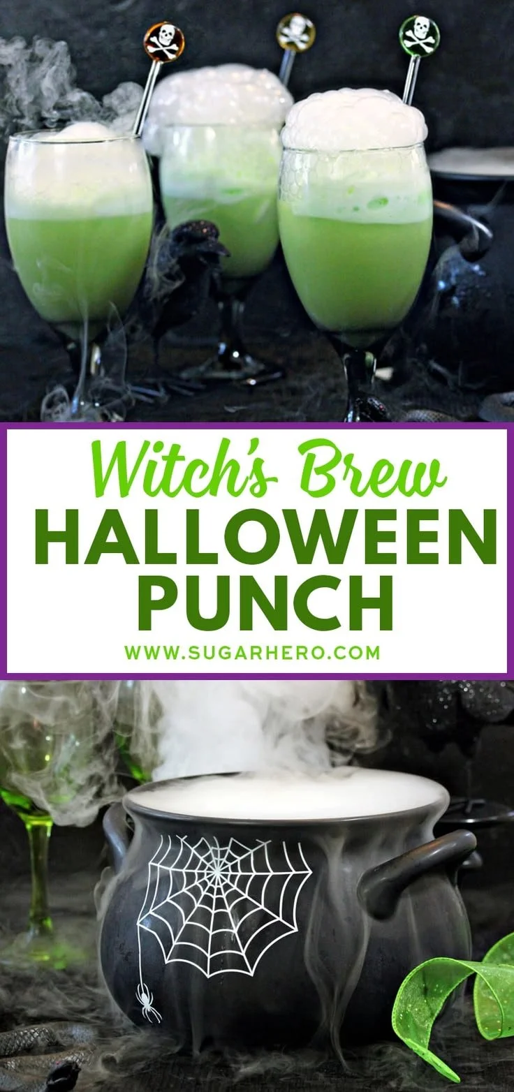 Witch's Brew Halloween Punch served in a spooky cauldron.