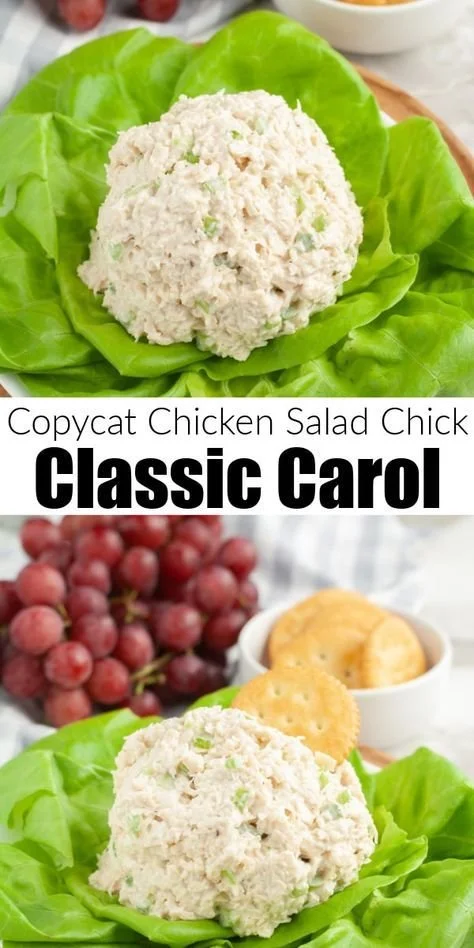 Delicious copycat Chicken Salad Chick Classic Carol recipe with chicken and ingredients.